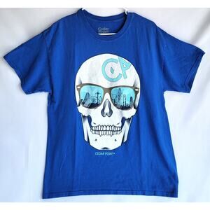 Cedar Point Skull w Sunglasses Men's Large Blue Tee Shirt Roller Coasters